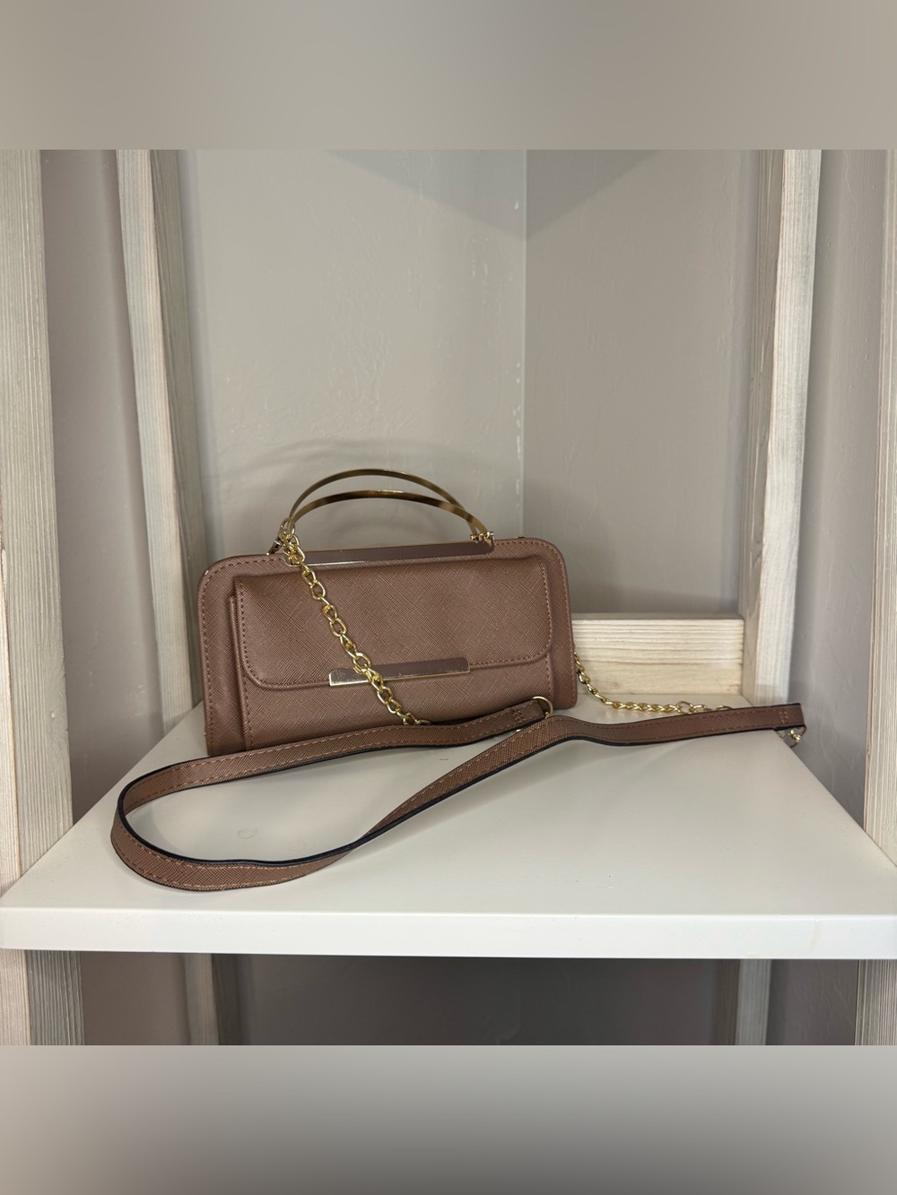 Structured Taupe Crossbody Bag with Gold Chain Strap